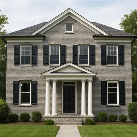 Gray Brick Two-story House with Black Shutters