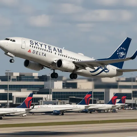 SkyTeam Delta Airlines Plane Taking Off from a Busy Airport