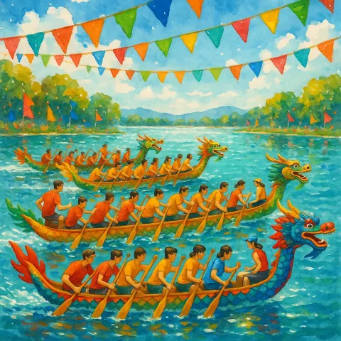 Lively Dragon Boat Race with Colorful Vessels