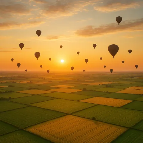 Many Distant Hot Air Balloons Drift Serenely
