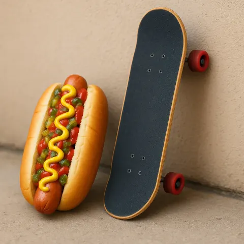 Skateboard Propped Up Against a Wall with a Hot Dog