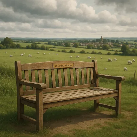 Wooden Memorial Bench Overlooks a Rural Landscape with Grassy Fields