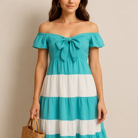 Woman Wearing a Turquoise and White Tiered Off-shoulder Dress