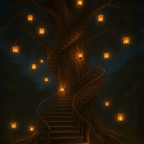 Massive Tree Decorated with Illuminated Lanterns and a Spiraling Staircase