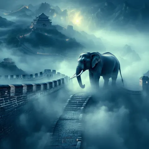 Majestic Elephant Walks the Misty Great Wall