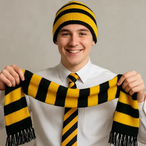 Person Wearing a Yellow and Black Striped Beanie and Tie