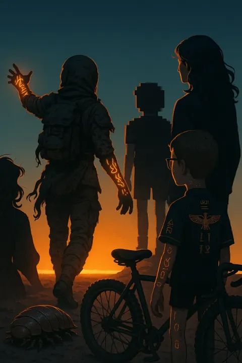 Androgynous Pioneer Astronaut in Post-apocalyptic Ragged Utilitarian Gear Reaches