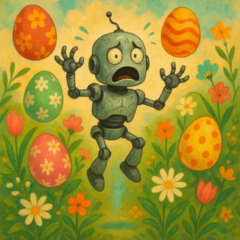 Anxious Android Floating Slightly Above the Ground While Waving