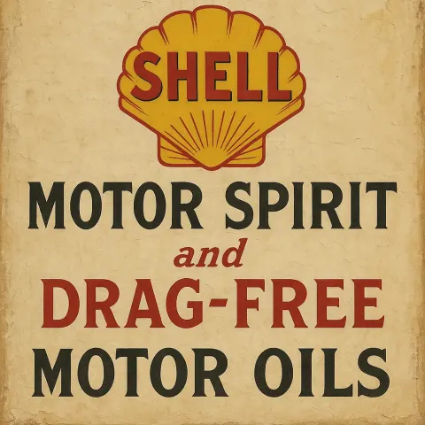 Vintage Wall Advertisement Promoting Shell Motor Spirit and Drag-free Motor