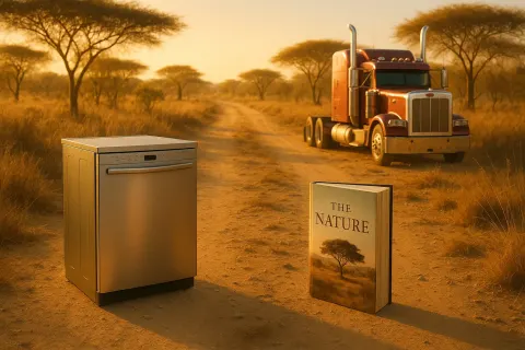 Dusty Path Winding Through Sun-bleached Savanna Reveals Three Disparate Objects
