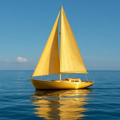 Shimmering Golden Sailboat Smoothly Floating Across Tranquil