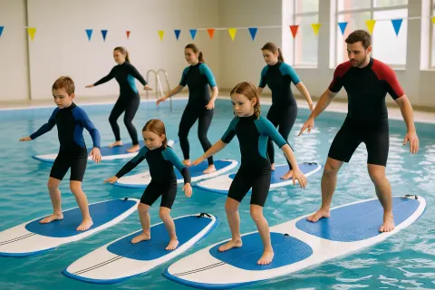 Children and Adults Wearing Wetsuits Participate in a Water-based Activity