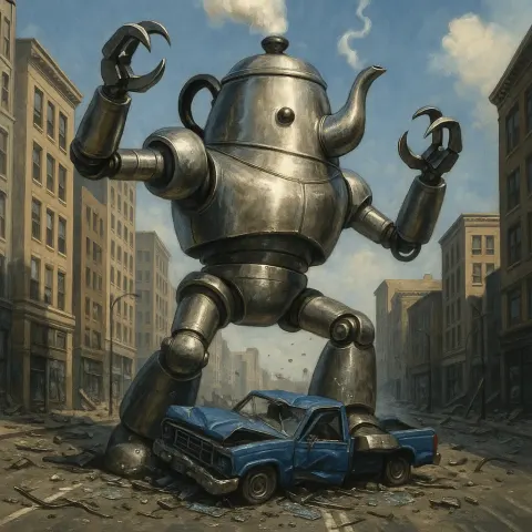 Towering Robot with a Head Resembling a Steaming Tea Kettle