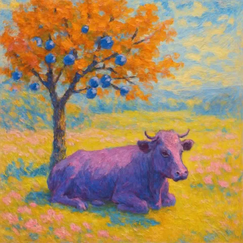 Scene Features a Serene Purple Cow Reclining in a Field