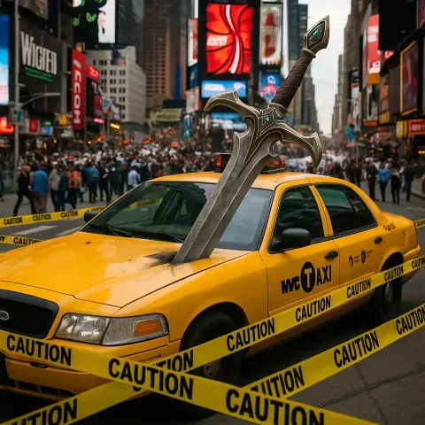 Large Fantasy Sword Is Embedded in a Yellow NYC Taxi