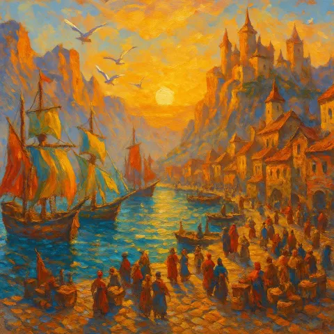 Elaborate Oil Painting Depicting a Lively Medieval Harbor City
