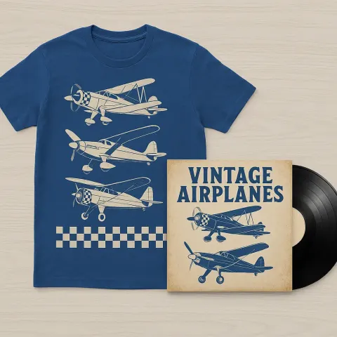Blue T-shirt Featuring Vintage Airplanes and Checkered Design Paired