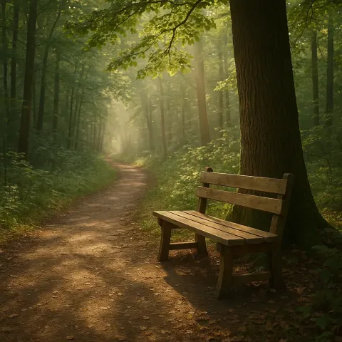 Wooden Bench Beside a Tree on a Serene Forest Path