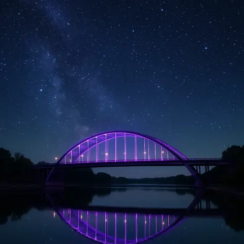Bridge Emitting a Purple Glow Is Mirrored in Tranquil Waters