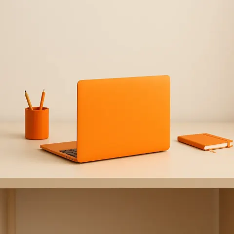 Vibrant Orange Laptop Placed on a Sleek and Simple Desk