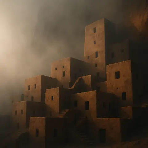 Geometric Adobe Cliff Dwelling Shrouded in Eerie Fog