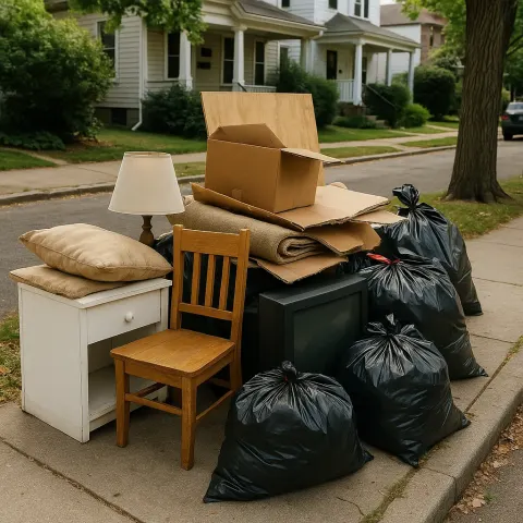 Discarded Household Items and Trash Bags Piled on a Sidewalk