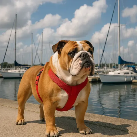 Bulldog Wearing a Red Harness Stands near a Marina