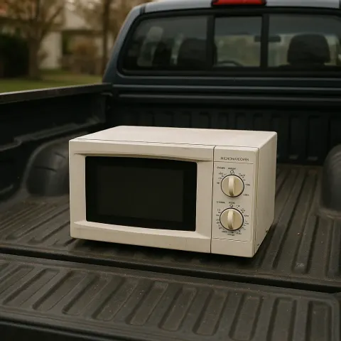Microwave Positioned in the Cargo Area of a Pickup Truck