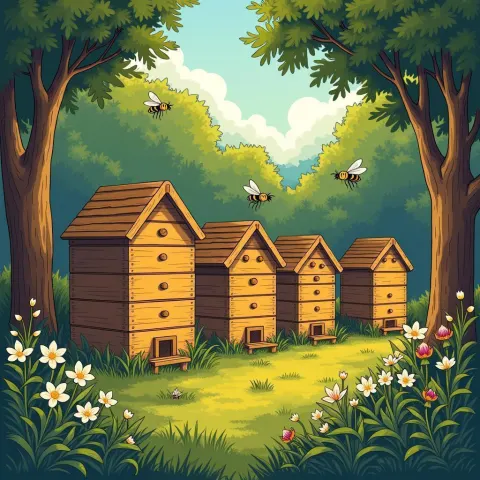 Manga Bee Hives Glowing in a Golden Forest