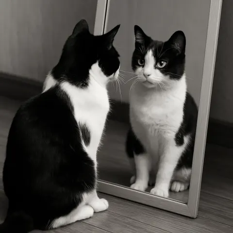 Black-and-white Cat Is Looking at its Reflection in a Mirror