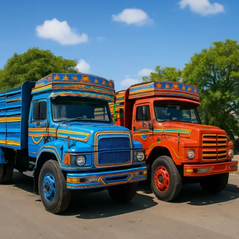 Pair of Vibrant Trucks Positioned Next
