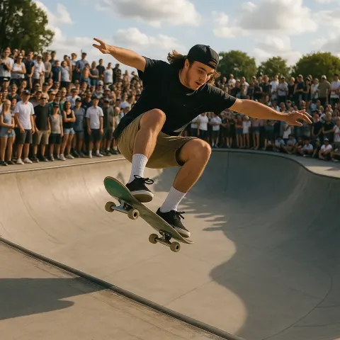 Skateboarder Performs a Trick in a Skatepark Bowl