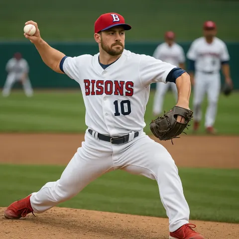 Baseball Player in a "Bisons" Uniform Throws a Ball