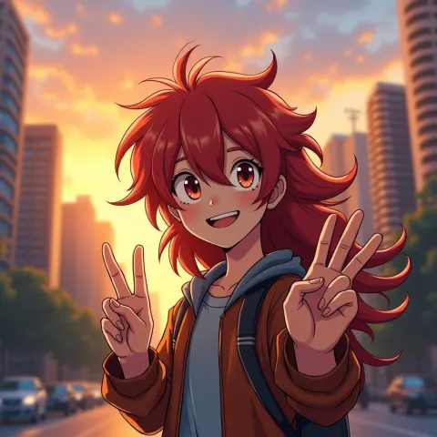 Red Haired Boy Flashes V Sign at Dawn