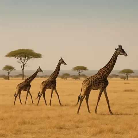 Few Distant Giraffes Gracefully Traverse a Sun-scorched Savanna