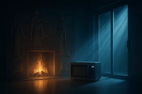 Microwave and Sliding Door Stand Before a Fireplace