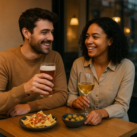 Couple Seated Indoors Enjoying Drinks and Snacks near a Reflective