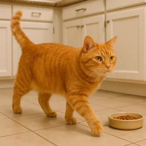 Ginger-colored Cat Walking Leisurely on a Tiled Floor