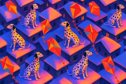 Repeating Dalmatian and Kite Pattern Blankets Snowy Rooftops
