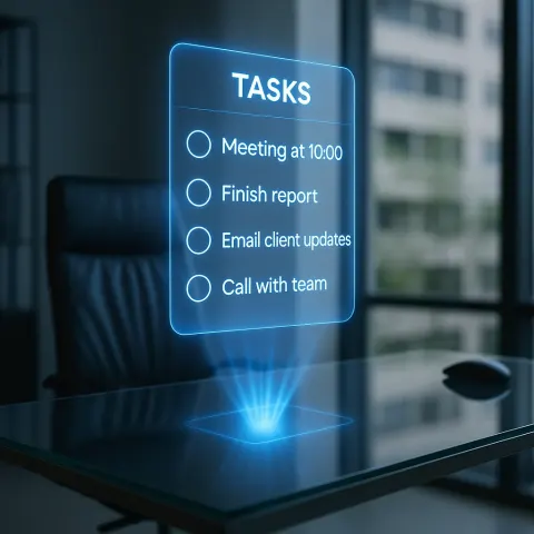 Modern Glass Desk Illuminated a Vibrant Holographic Display