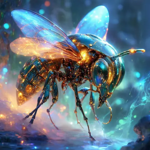 Magical Robot Hornet Glowing in Enchanted Mist