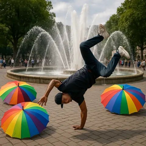 Street Performer Executes a Breakdancing Move
