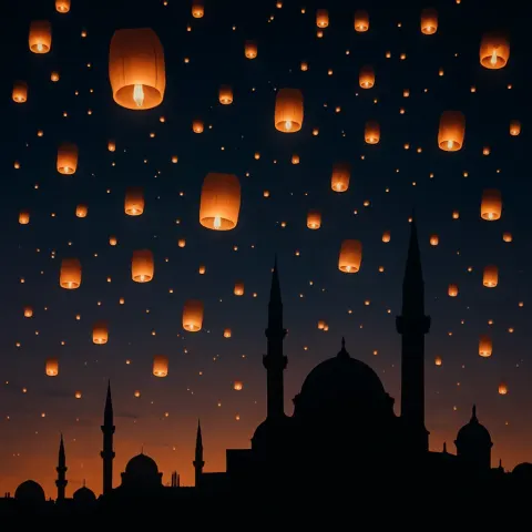 Innumerable Glowing Lanterns Drift Slowly Upwards into a Twilight Sky