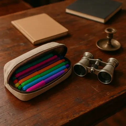 Assortment of Colorful Markers Spills Out of a Slightly Unzipped