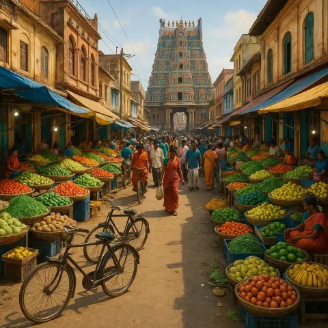 Bustling Indian Street Market Lined with Colorful Produce Stalls