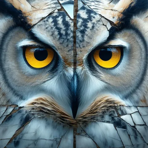Owl Eyes Reflected in Shattered Mirror Shards