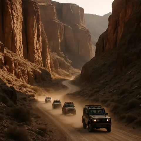 Small Convoy of Rugged Vehicles Kicks Up Dust Trails