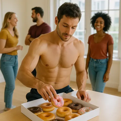Shirtless Man Selects a Donut from an Open Box