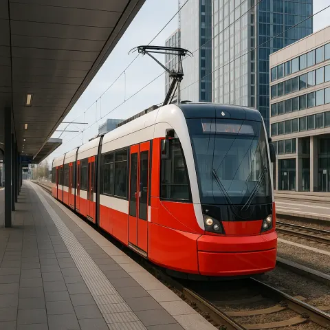 Red and White Electric Tram Positioned at a Modern Urban