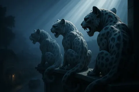 Three Varied Snow Leopards as Grotesque Gargoyles